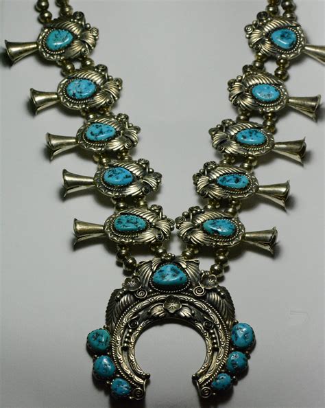 Navajo Squash Blossom Native American Turquoise Sterling Silver Necklace 30 Tangible Investments