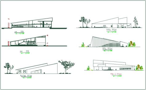 Elevation And Different Axis Section View For Art Gallery Building Dwg