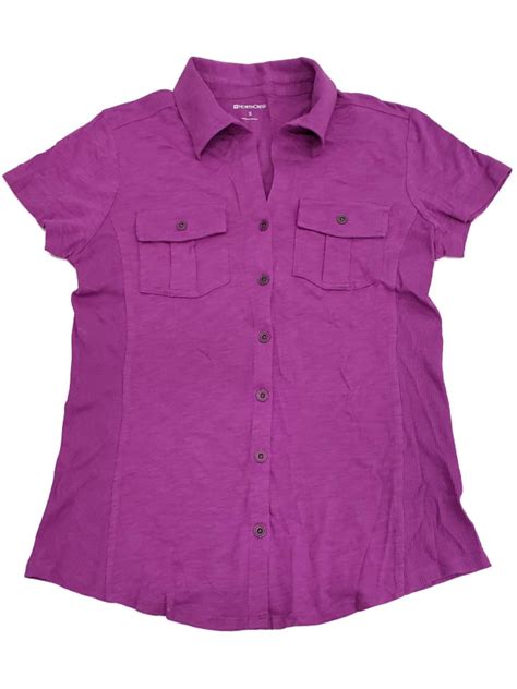 Northcrest Womens Violet Purple Button Front Casual Short Sleeve Tee