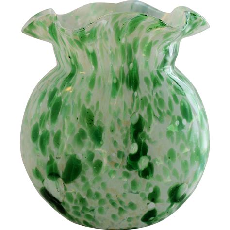 Vintage Spatter Art Glass Vase Hand Blown Green White Cased From Antikavenue On Ruby Lane