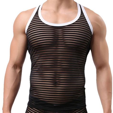 Men Sexy Fun Striped Tank Tops Vest Male Singlet Lace Sheer Mesh