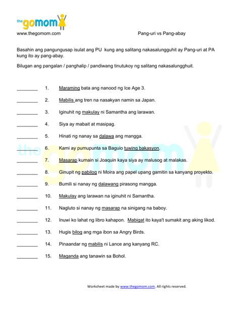 pagkilala sa pang uri worksheets uri ng pang abay a worksheet blog my xxx hot girl