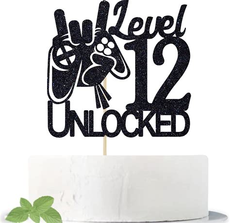 Video Game Level 12 Unlocked Birthday Cake Topper Black Glitter Boys