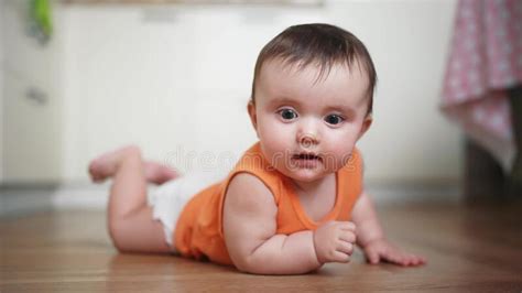 Beautiful Baby Crawling Carefree Childhood Baby A Girl Funny Crawling