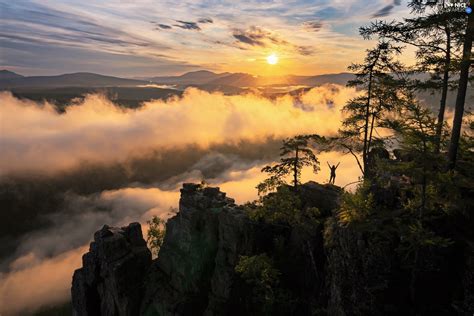 Peaks Clouds Viewes Sunrise Trees Fog Mountains Rocks Nice