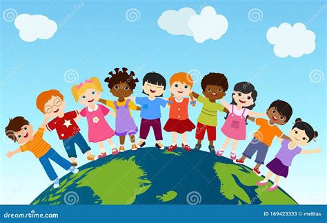 Earth Globe With Group Of Multiethnic And Diverse Children Standing