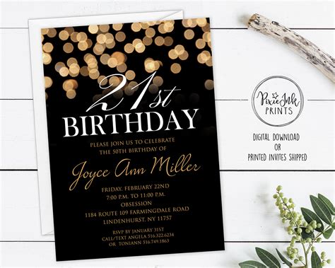 21st Birthday Invitation Black And Gold Birthday Invitation Etsy