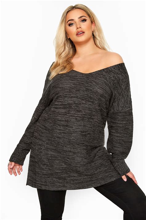 charcoal grey marl deep v neck knitted jumper yours clothing