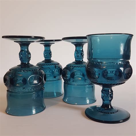 Set Of 4 Vintage Indiana Glass Kings Crown Blue Wine Glass Blue Thumbprint Stemware Water