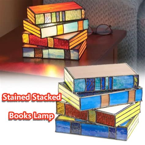 Stained Glass Stacked Books Lamp Handcrafted Nightstand Desk Lamps