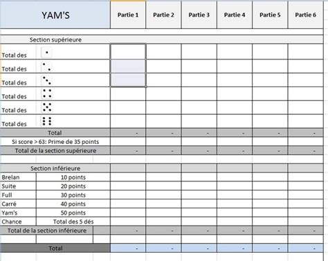 Application Excel de gestion du jeu yam's