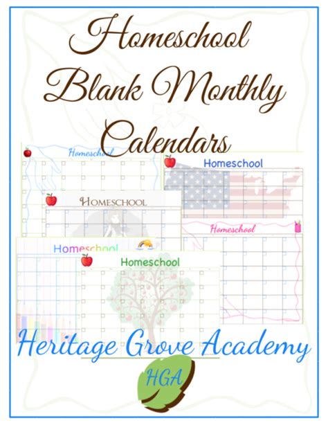Monthly Calendars Homeschool Free Planning Heritage Grove Academy