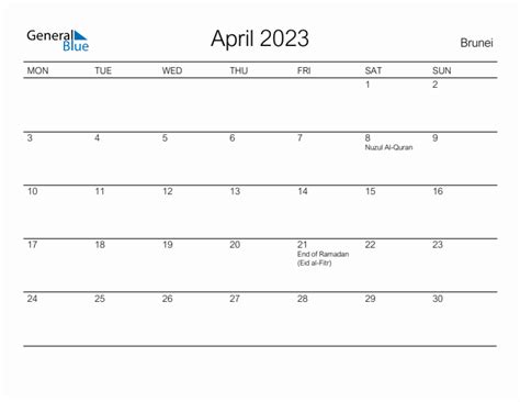 April 2023 Brunei Monthly Calendar With Holidays