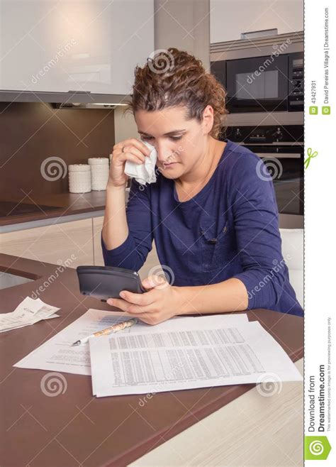 Unemployed Woman With Debts Review Monthly Bills Stock Image Image Of