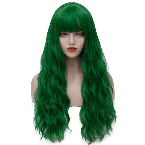 Long Curly Wavy Green Wigs With Bangs Halloween Cosplay Costume Wigs