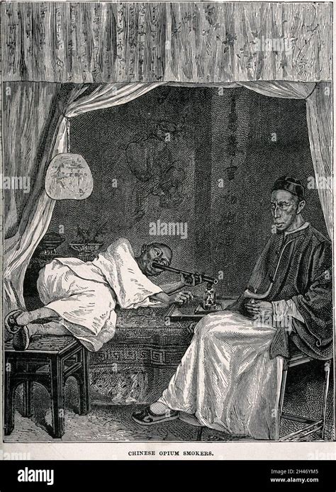 Two Chinese Opium Smokers One Reclines On A Bed And The Other Sits