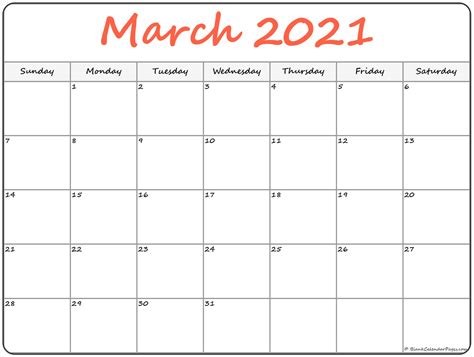 Free online calendar for 2021 year. March 2021 blank calendar collection.