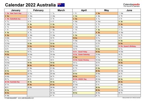 Calendar 2022 Australia Printable