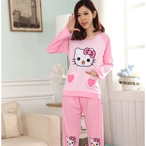 Womens Hello Kitty Long Sleeve Pajamas Sets Girls Character Cotton Knitted Pijamas Pink Color