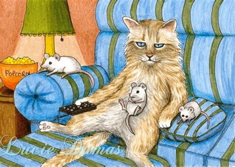 Aceo Art Print Cat 361 Watching Tv Mouse From Funny Original Painting L