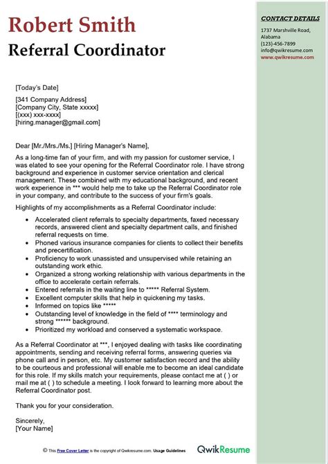 Referral Coordinator Cover Letter Examples Qwikresume