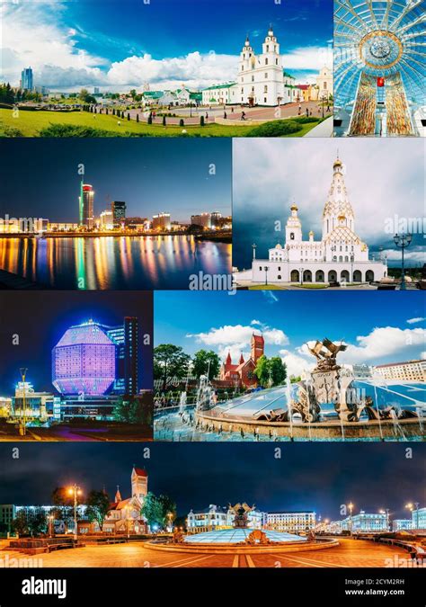 Minsk Belarus Set Collage With Many Local Famous Landmarks In