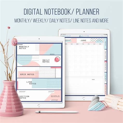 Digital Planner Notebook Grid Lined Notebook Undated Monthly Weekly