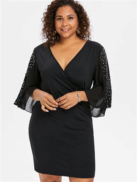 wipalo sexy plus size elegant flare slit sleeve sheath dress rhinestone embellished v neck black