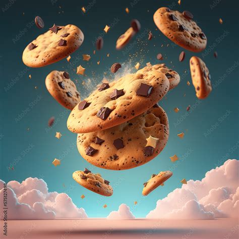 Chocolate Chip Cookies Falling Cloudy Sky And Chocolate Drops Cookie