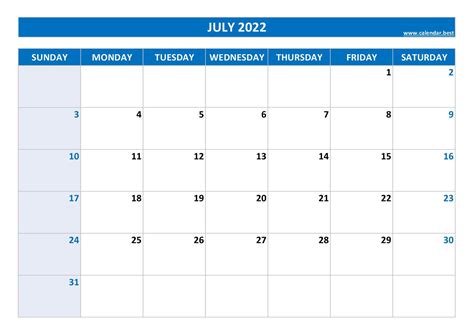 July 2022 Calendar Printable Pdf