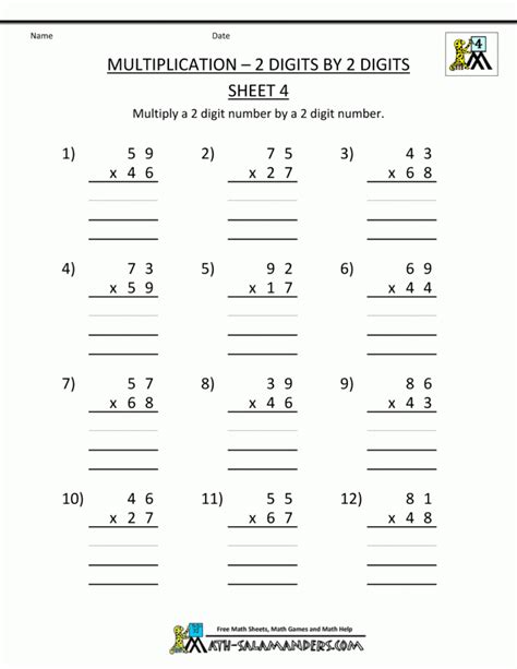 Math Worksheets Printable Multiplication 2 Digits2 Within