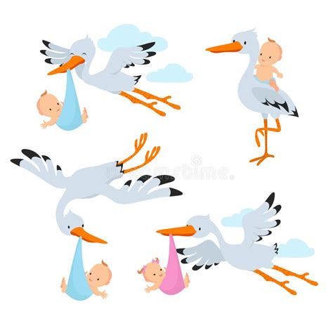 Cartoon Flying Storks And Stork Birds Carrying Baby Vector Set Stock