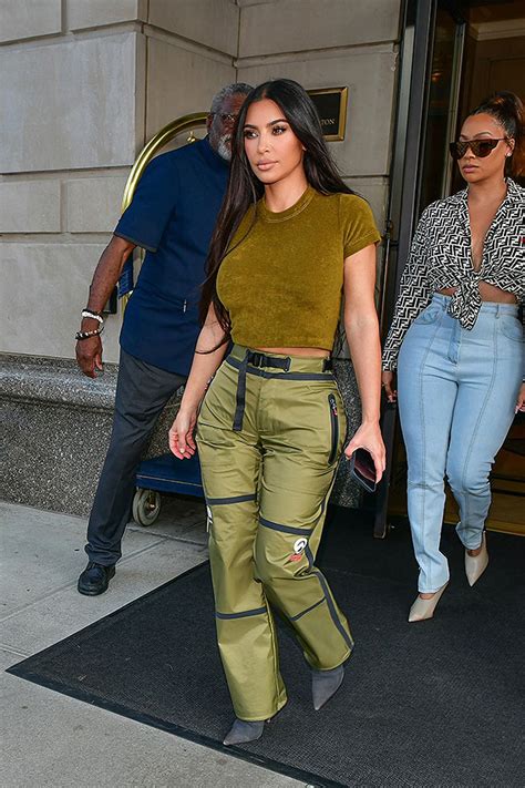 kim kardashian stuns in olive green crop top on nyc shopping date with bff la la anthony — photo