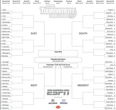March Madness 2019 Get Your Printable Ncaa Bracket From Espn Free Printable Brackets Free