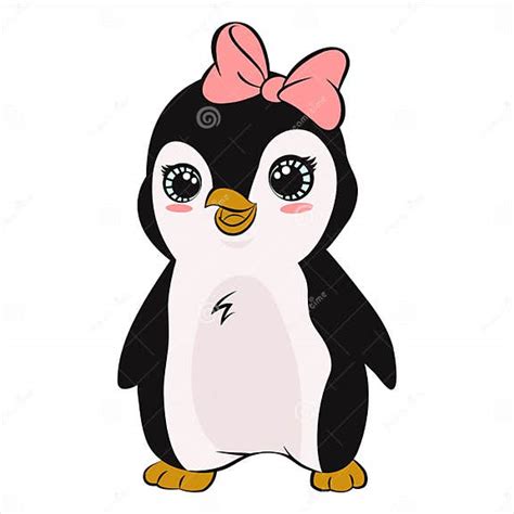 Cute Cartoon Penguin Girl Character With Bow Vector Isolated Stock