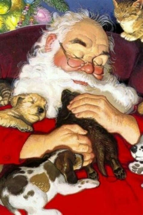 Christmas Iconic Santa Sleeping Santa With Puppies Wallpaper
