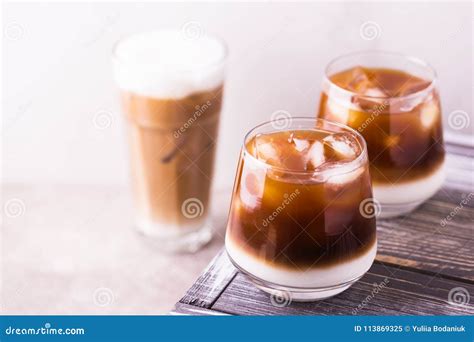 Iced Coffee In Glasses With Milk Black Background Stock Image Image