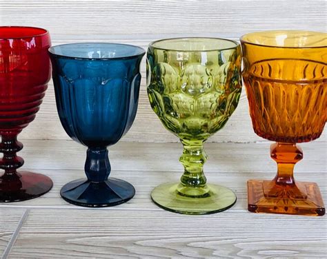 4 Vintage Mismatched Jewel Tone Goblets Colored Glass Goblets Boho Wedding Toasting Retro Bar
