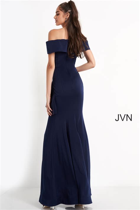 Jvn04476 Navy Embroidered Off The Shoulder Sheath Prom Dress