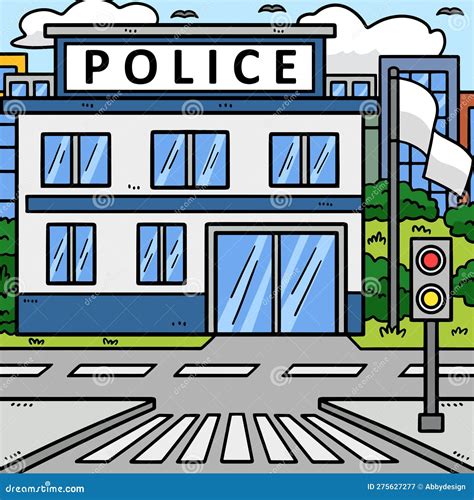 Police Station Colored Cartoon Illustration Stock Illustration