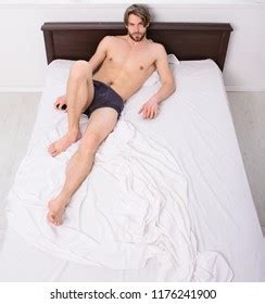 Macho Sexy Guy Underpants Relaxing Lay Stock Photo