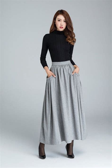 wool skirt maxi skirt light grey skirt womens skirts with two big side pockets winter skirt