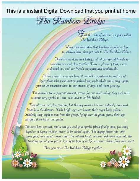 There have been a few newer rainbow bridge poems, but below is the original rainbow bridge poem in a printable version available for free. Rainbow Bridge Digital Print Rainbow Bridge Poem Rainbow ...