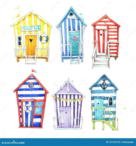 Beach Huts By The Sea Watercolor Painting Royalty Free Stock