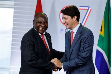 Cyril ramaphosa giving his press conference after the summt photograph: Prime Minister Trudeau speaks with the President of South ...