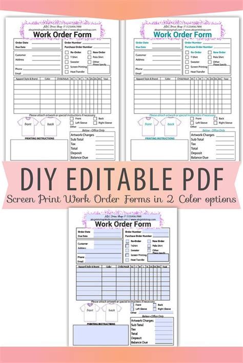diy editable  tshirt screen print work order form