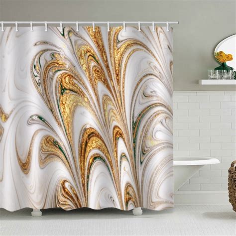 Golden Marble Shower Curtains For Bathroom Fabric With 12 Hooks