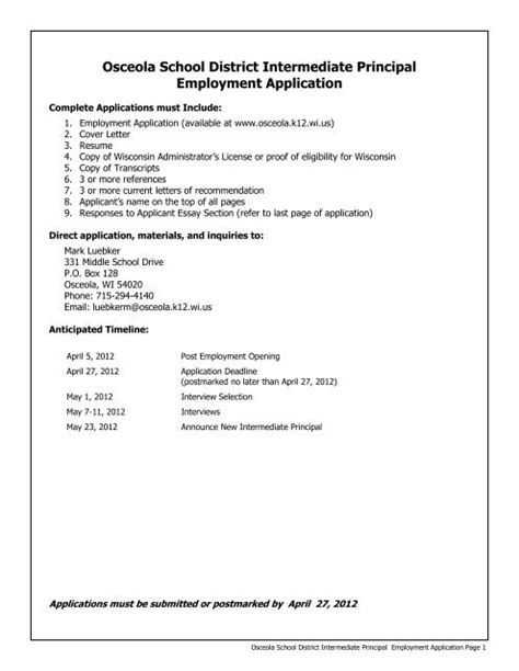 Osceola School District Intermediate Principal Employment Application
