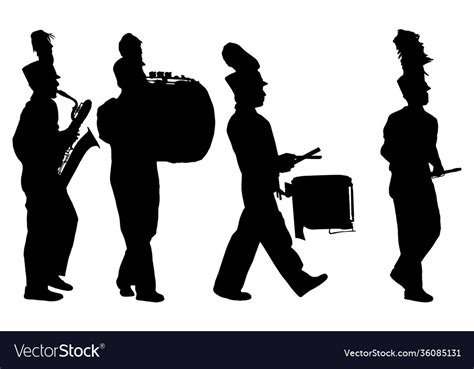 Marching Band Playing Instruments Silhouettes Vector Image