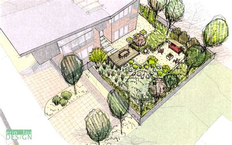 Birds Eye View Of Back Yard With Rain Garden And Seating Areas Sketch